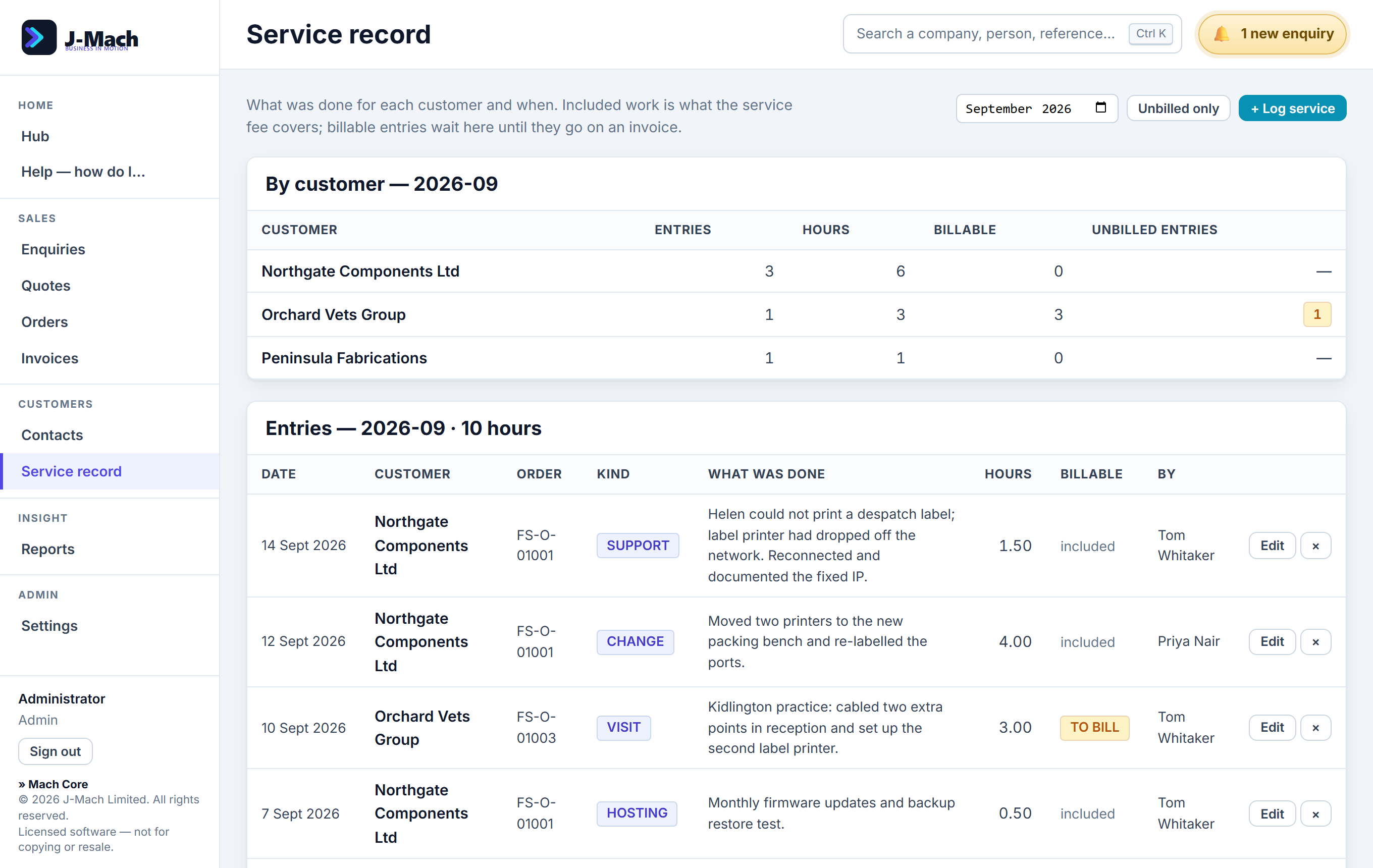 Service record in Mach Core