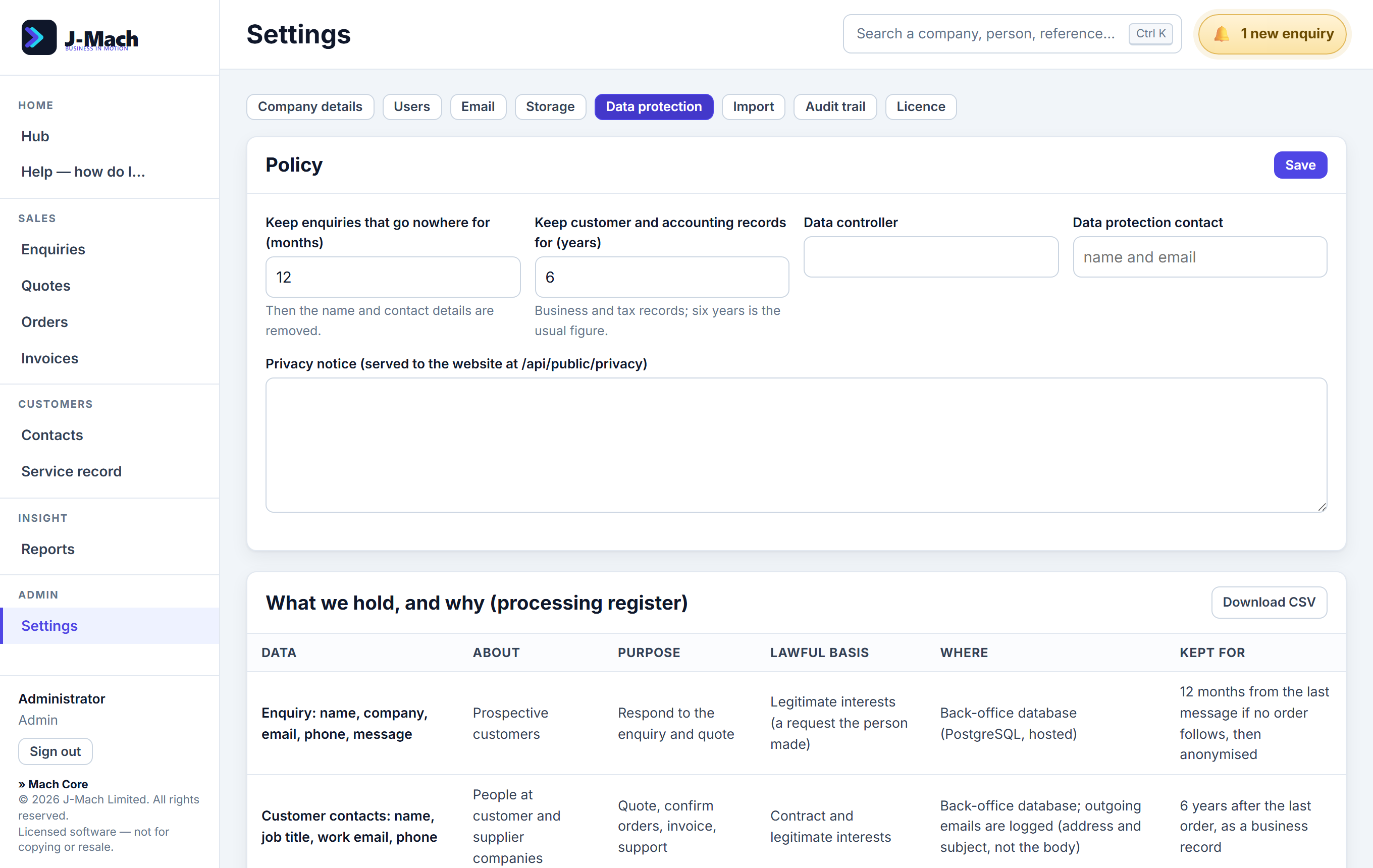 Settings and data protection in Mach Core